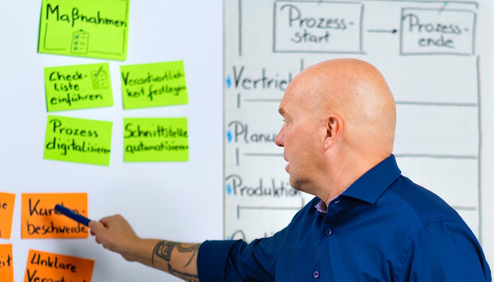 Sven Rose analysiert Prozessprobleme am Whiteboard